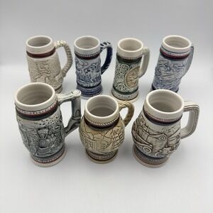 VTG 1980s Lot of 7 Mini Avon Beer Steins Mugs - Trains Ships Cars Fish Rams